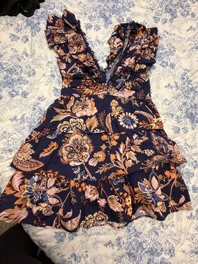Anthropologie Navy Floral Ruffle Tiered Mini Dress